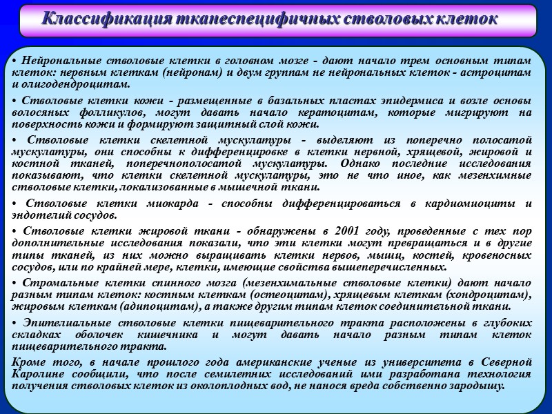 Классификация тканеспецифичных стволовых клеток • Нейрональные стволовые клетки в головном мозге - дают начало